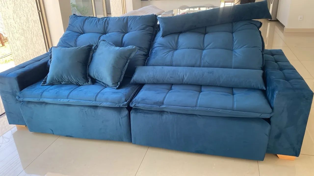 Sofá Retrátil reclinável 2,40m Veludo Azul Velut Blue - Foto 4