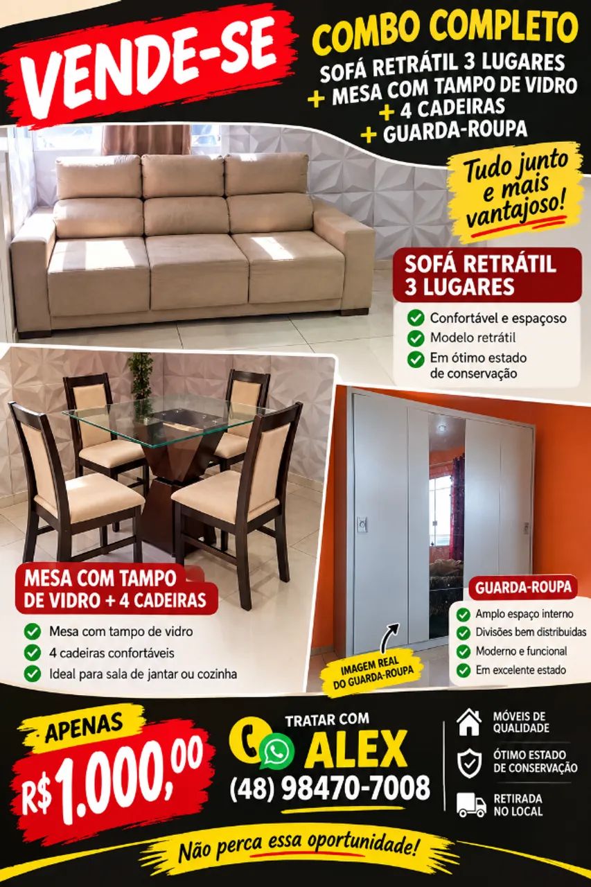 Mesa com 4 cadeiras; guarda-roupas e sofá