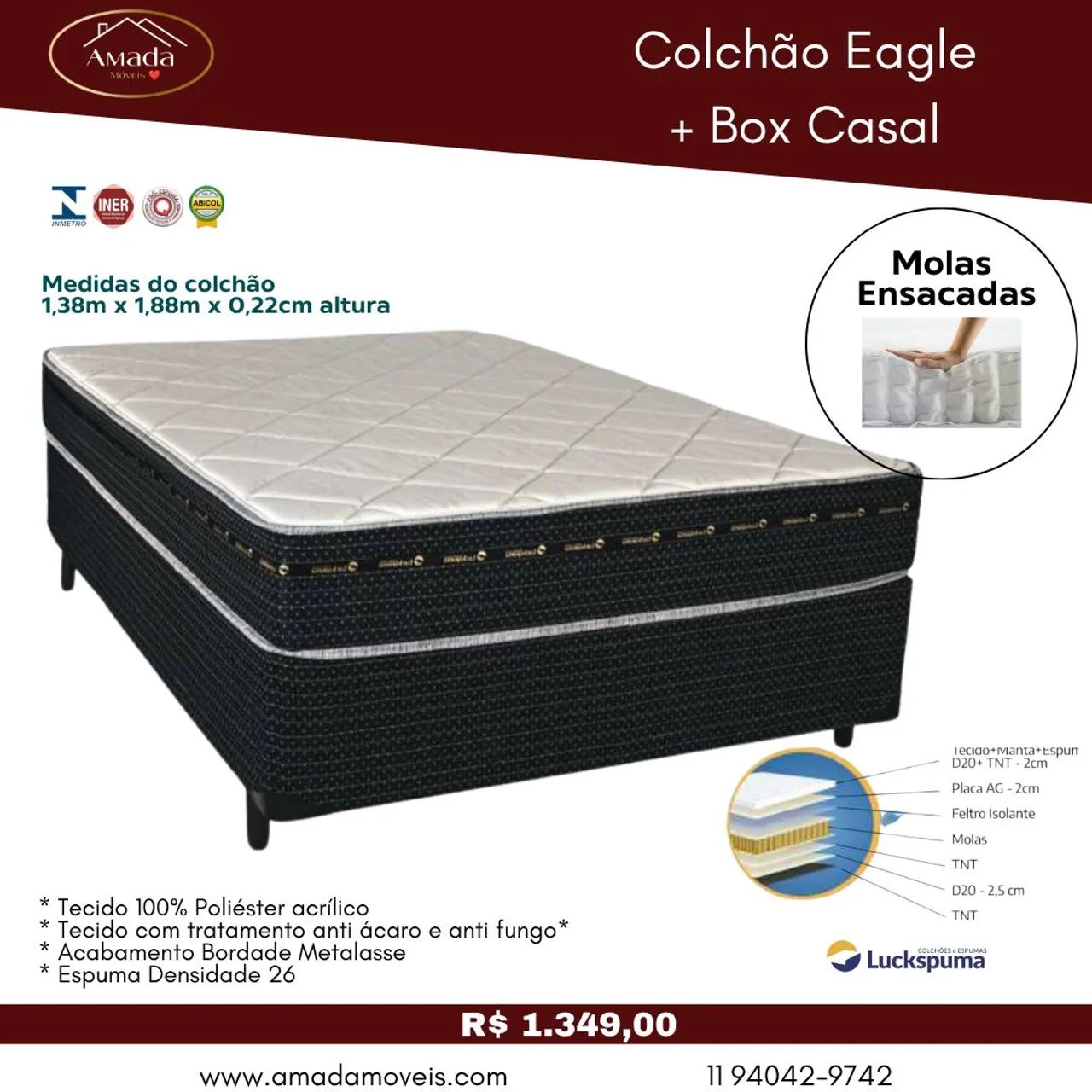 Colchão casal  Eagle molas ensacadas com base box , à pronta entrega 