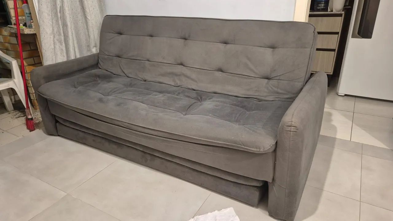 Sofá-Cama 3 Lugares Reclinável em Tecido Suede Cinza - Foto 2