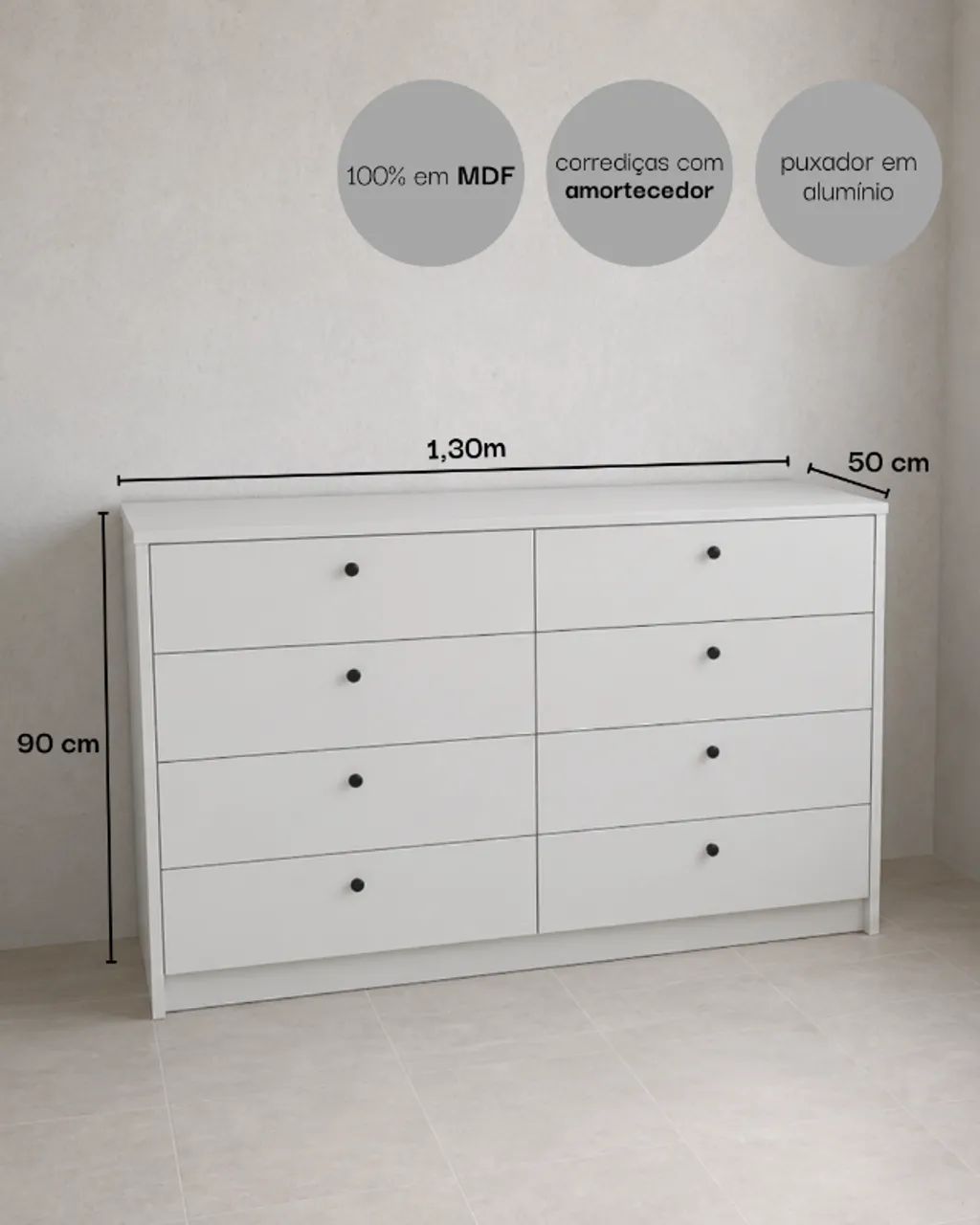 Cômoda 8 Gavetas Casal MDF Branco - Foto 3