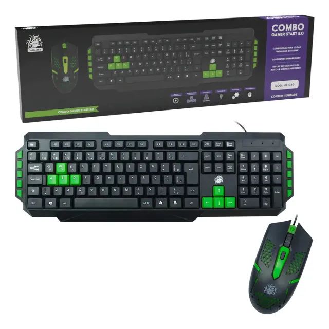 ? Kit Gamer Teclado + Mouse Start 2.0 USB LED ABNT2 Ergonômico PC Notebook Cor Verde - Foto 4