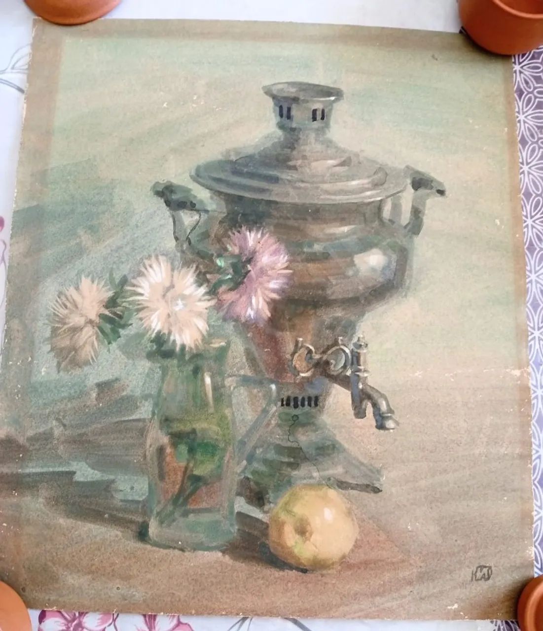 Aquarela russa assinada Yury Konyshev- samovar 1992 - Foto 5
