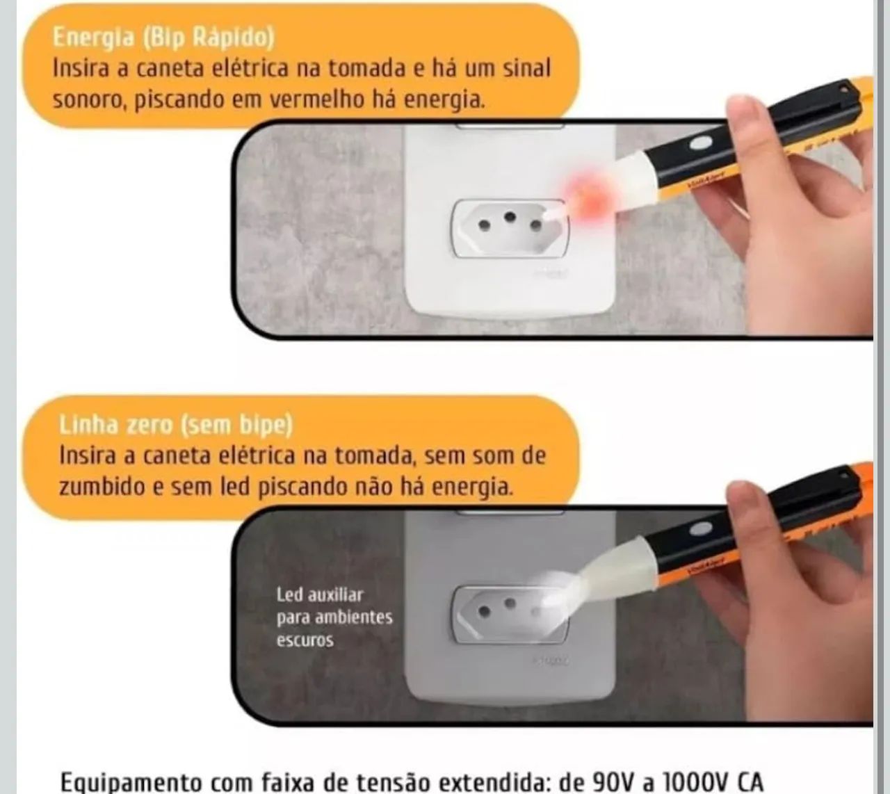 Caneta Detectora de Tensão Profissional - 90 a 1000V AC, Sinal Sonoro e Visual,   - Foto 3