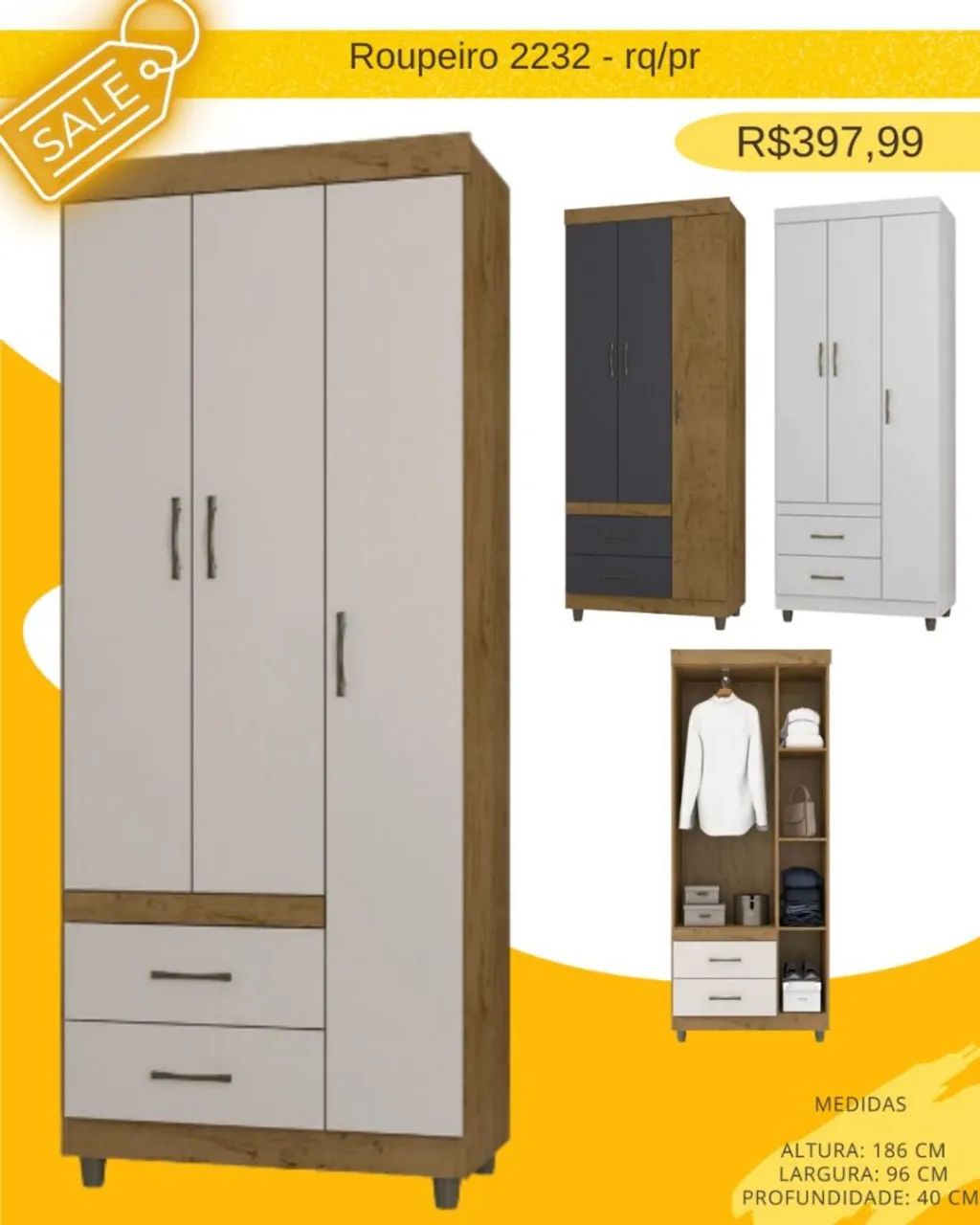 Roupeiro 3 Portas 2 Gavetas 186cm