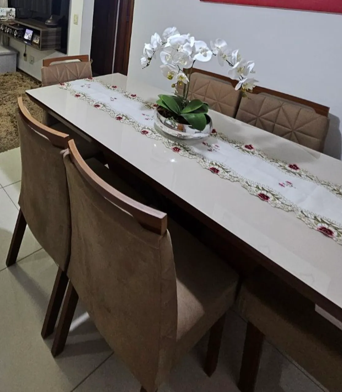 Conjunto Sala de Jantar Mesa Tampo MDF/Vidro e 6 Cadeiras Apolo Tik Plus Móveis Castanho
