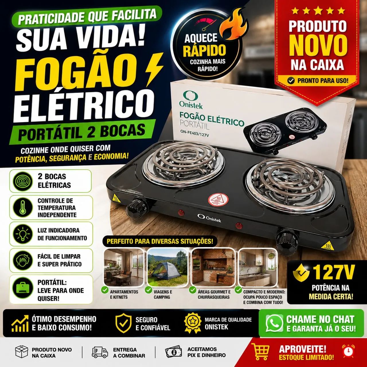 FOGÃO ELÉTRICO PORTÁTIL ONISTEK 2 BOCAS 127V - PRATICIDADE E POTÊNCIA PARA SUA COZINHA! 