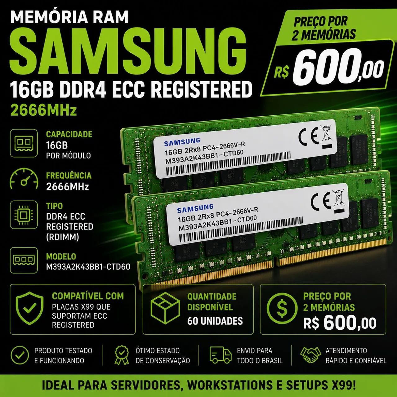 Kit 2x Memória RAM Samsung 16GB DDR4 ECC Registered 2666MHz