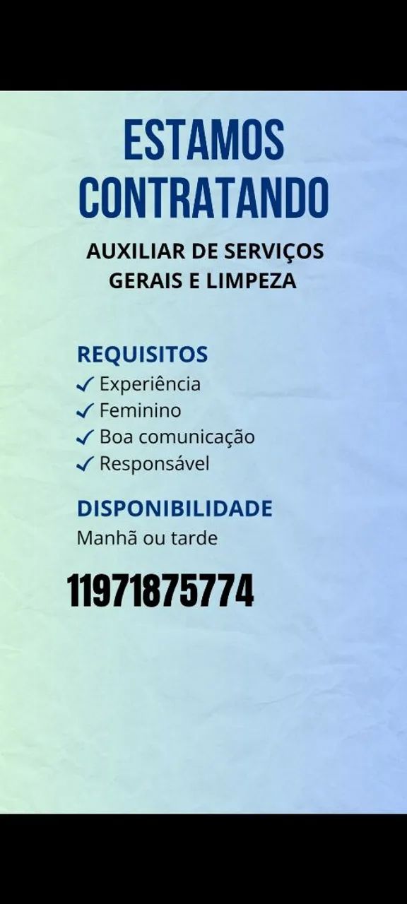 Vaga para auxiliar de limpeza e recepção 