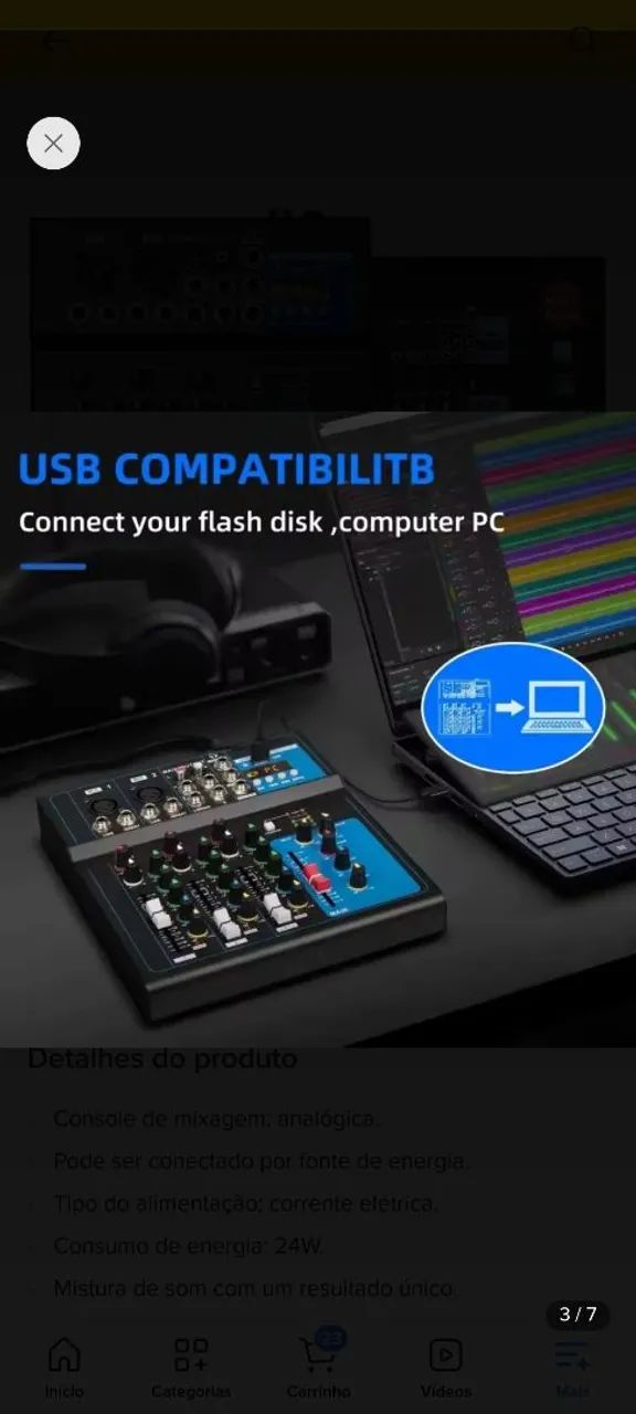 Mesa de som 12v com efeito 4 canais e interface 