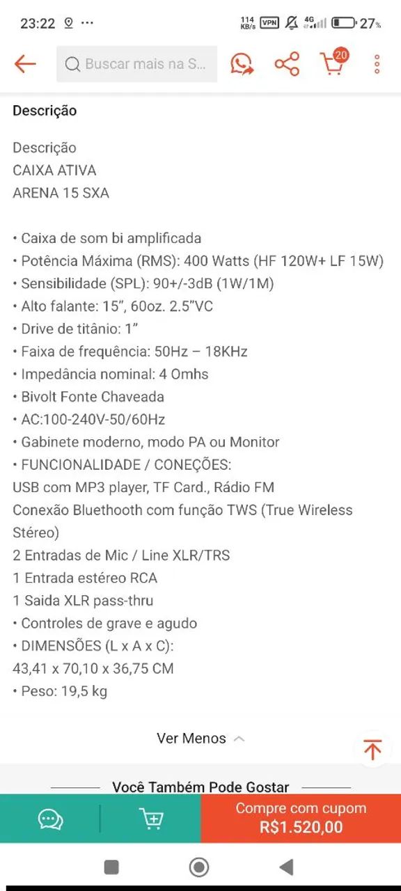 Par de caixas ativas SXA ARENA 12 SLA. 12 polegadas, super novas. 20 dias de uso.  - Foto 3
