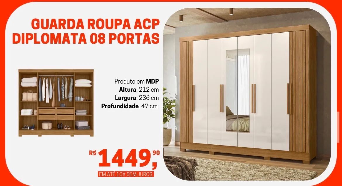 Guarda-Roupa ACP Diplomata - 08 Portas - Com Espelho - Novo!