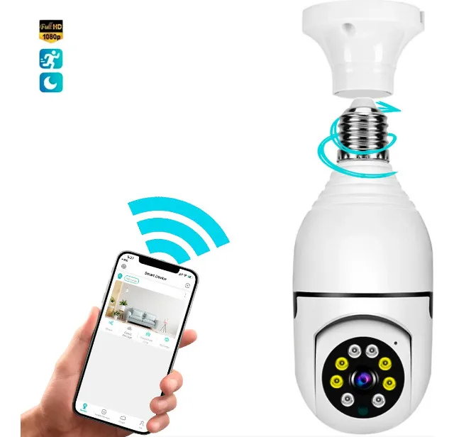 Câmera Wi-fi Tipo Lâmpada Sensor de Movimento Led Infravermelho Filma e Tira Fotos Movimen