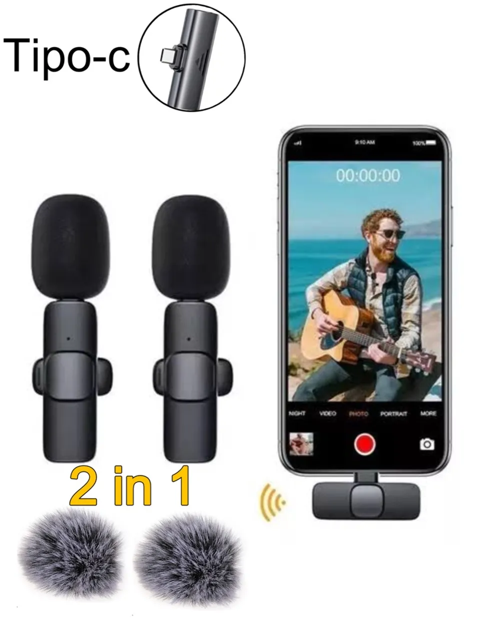 Microfone lapela 2 peças tipo-c 100% novo reduz ruído Android iOS mic