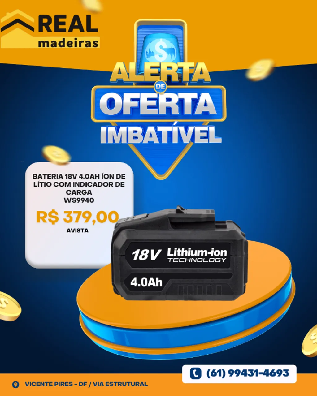 Bateria 18V 4.0Ah Íon de Lítio WS9940