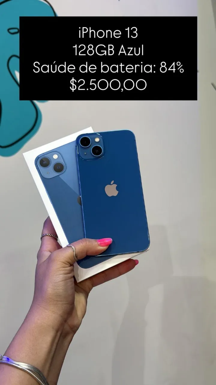 iPhone 13 / 128GB / Azul / Saúde de bateria 74% / R$ 1.900,00