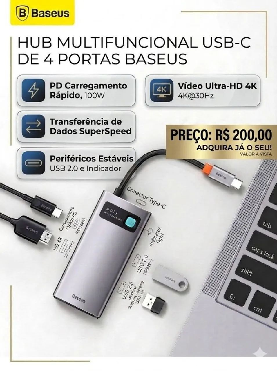 Hub Usb C Ideal Para MAC Baseus (Original e Lacrado)