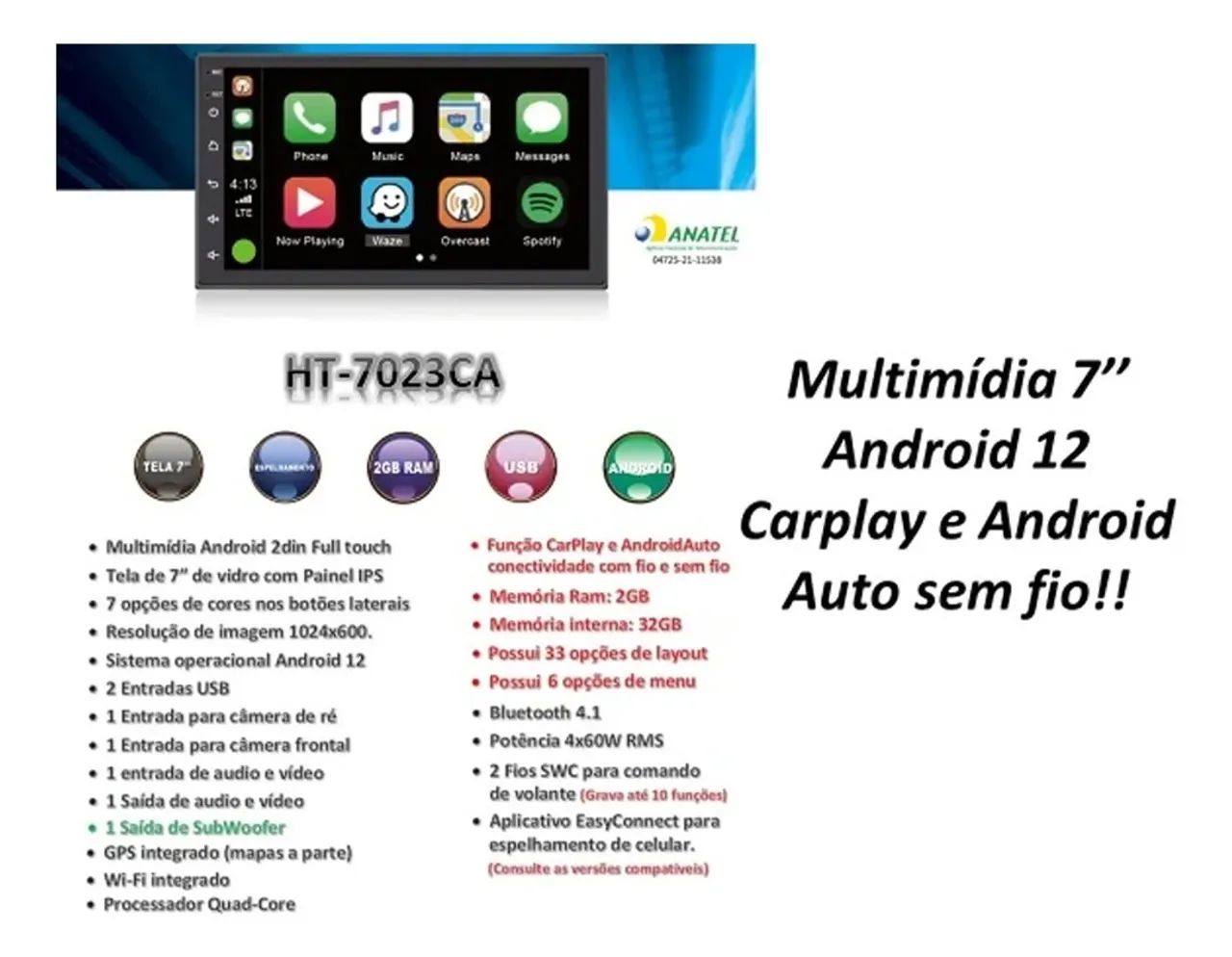 Multimídia Android 7 pol. 2GB RAM 32GB MEM. (Com AndroidAuto  e Carplay) H-TECH 7023CA
