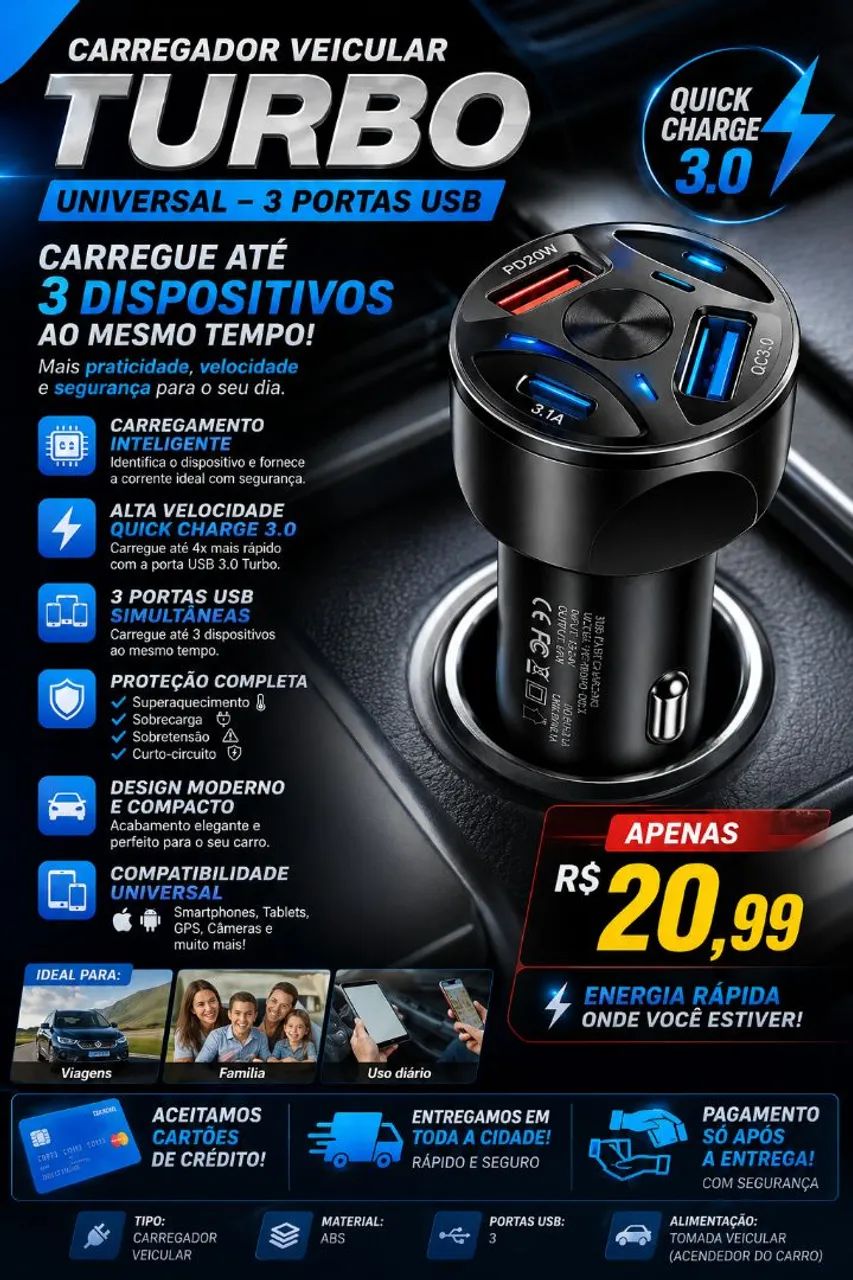 CARREGADOR VEICULAR TURBO UNIVERSAL - 3 PORTAS USB