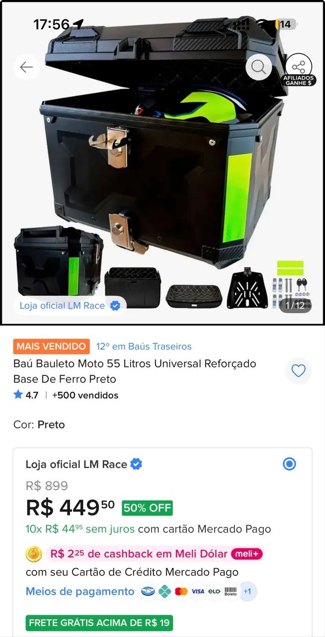 Baú Bauleto Moto 55 Litros Universal Reforçado Base De Ferro Preto - Foto 5