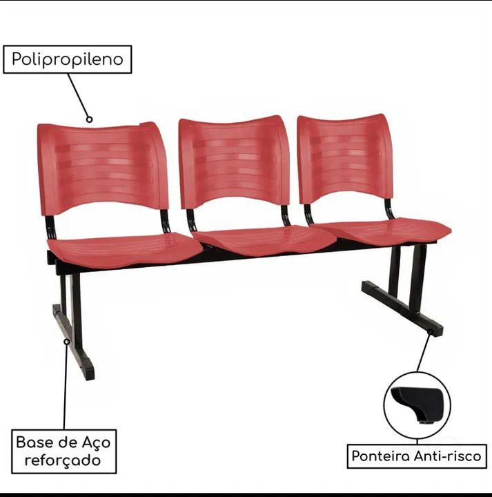 Cadeira cadeiras longarina longarinas 3 lugares vermelha  - Foto 2