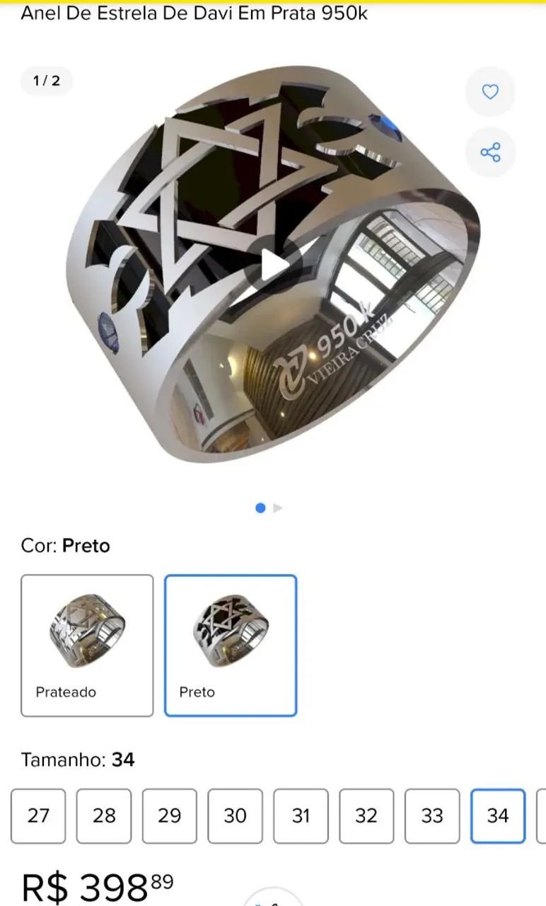Anel de Prata 950K Estrela de Davi