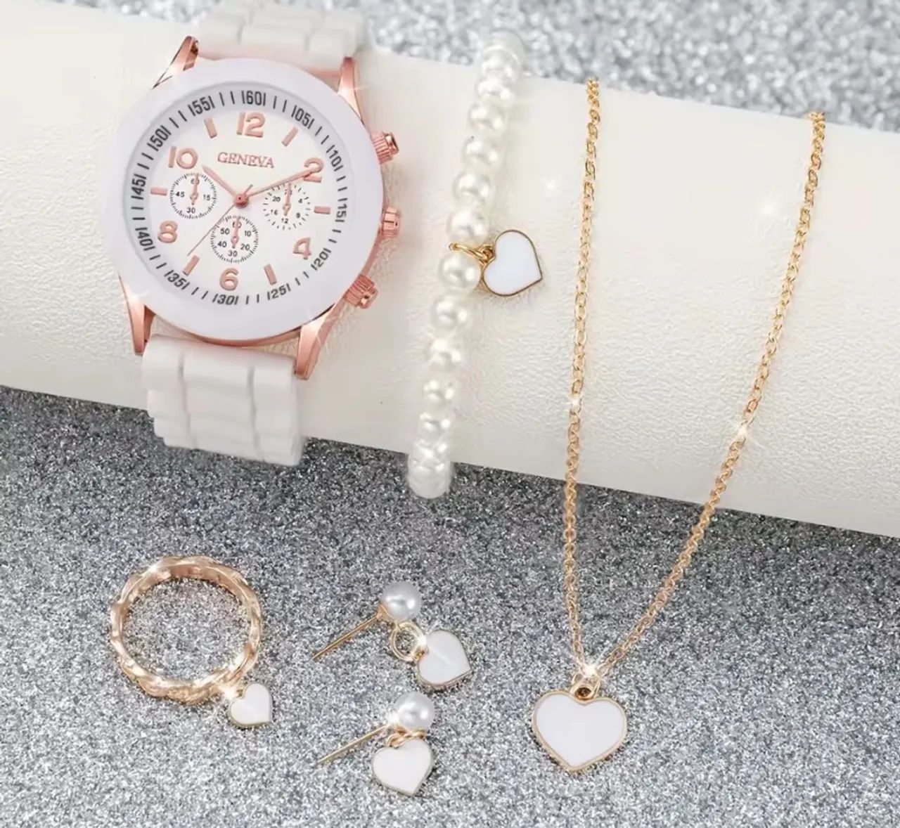 Relógio Feminino branco: Pulseira,colar, anel  e brincos
