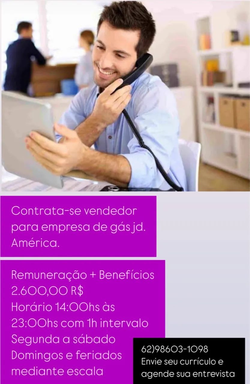 Contrata-se vendedor Loja de Gás 2.600,00 remuneração 