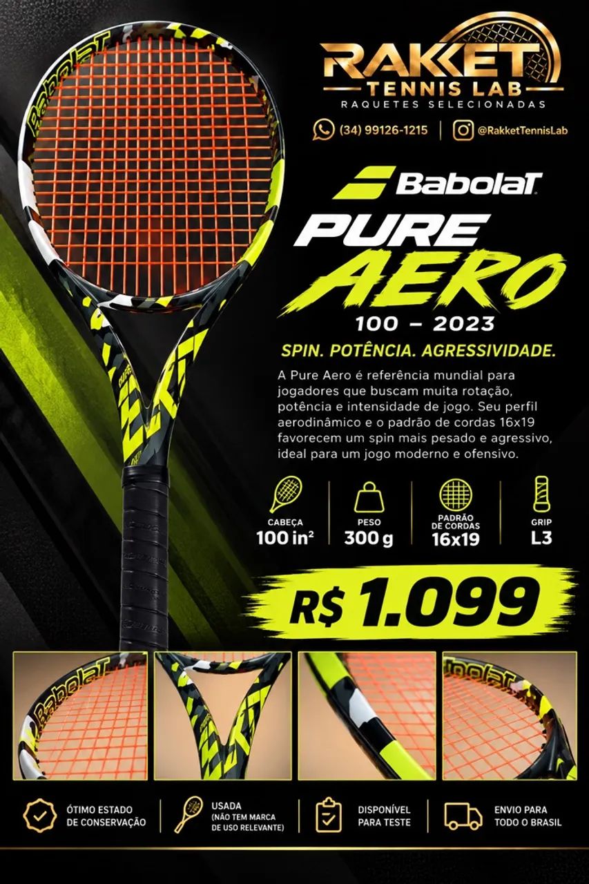 Babolat Pure Aero 100 300g L3 2023 - Esportes de Quadra e Ao Ar