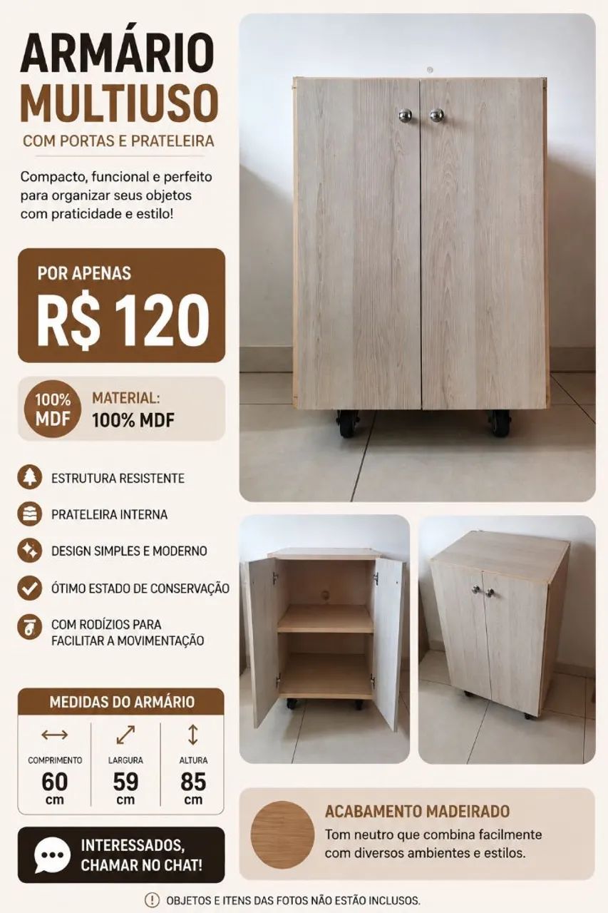 Armário multiuso 100% MDF com portas e prateleiras