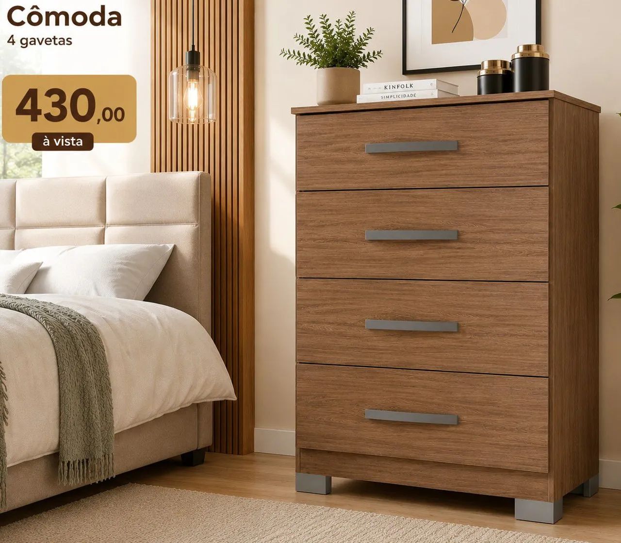 Cômoda nova castanho com 4 gavetas 