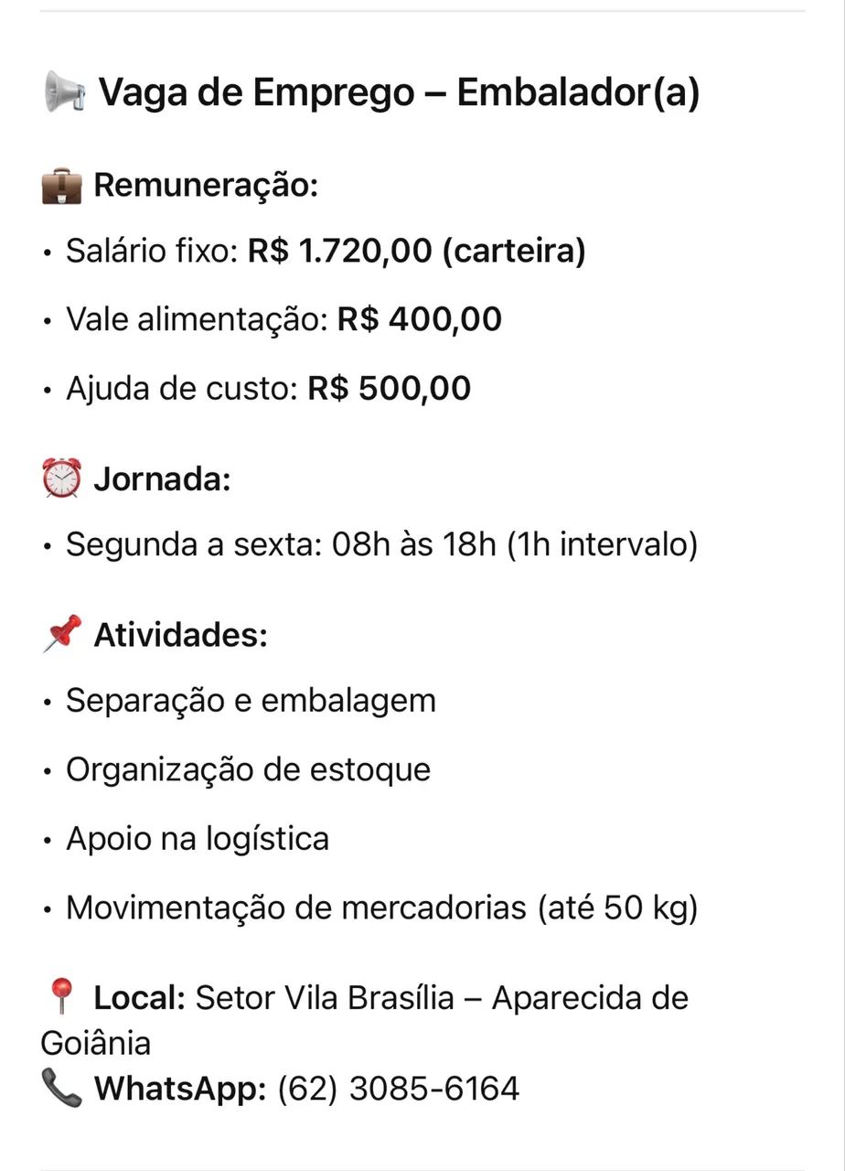 Vaga para embalador 