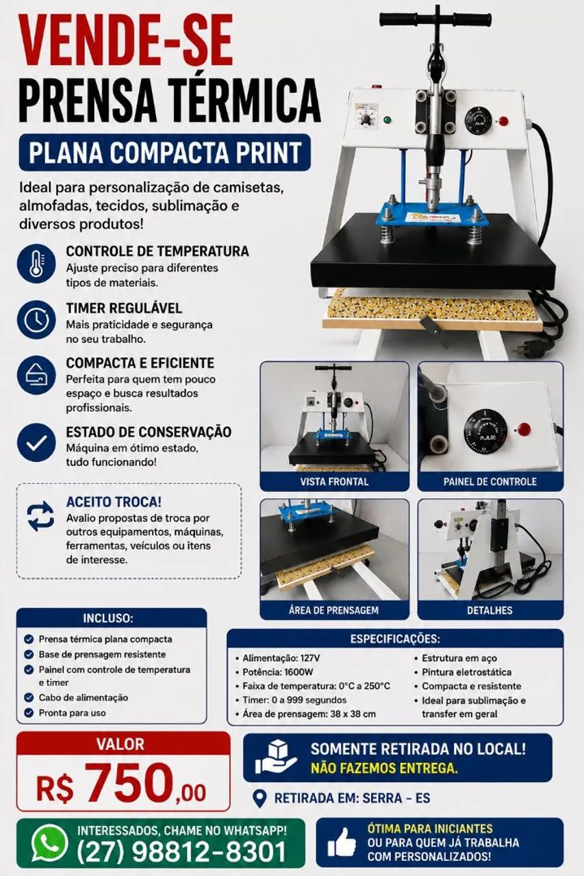 Prensa Térmica Plana Compacta Print 38x38 - 127V
