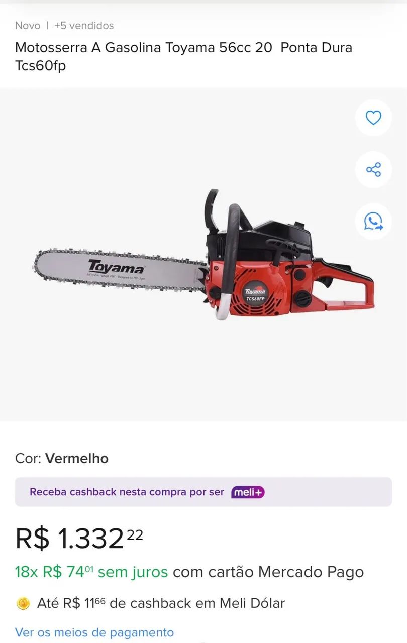 Motosserra A Gasolina Toyama 56cc 20 Ponta Dura