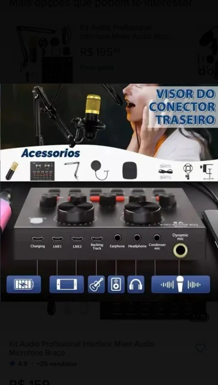 Kit Audio Profissional - Interface Mixer Audio V8, Microfone e Braço articulado. - Foto 4