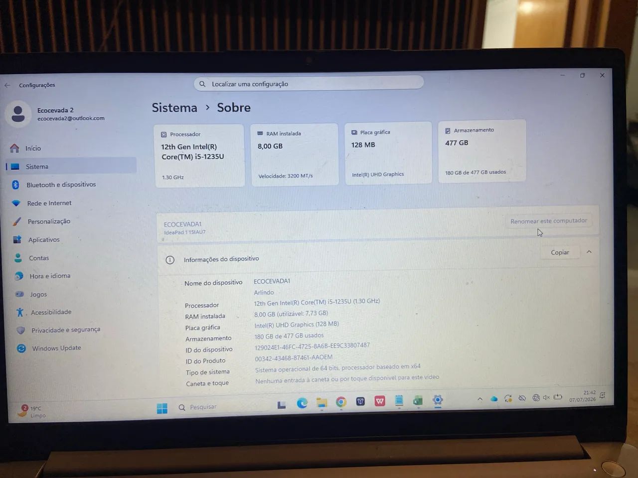 Notebook Lenovo Intel core i5 8GB RAM SSD 512GB Windows 11 - Foto 2