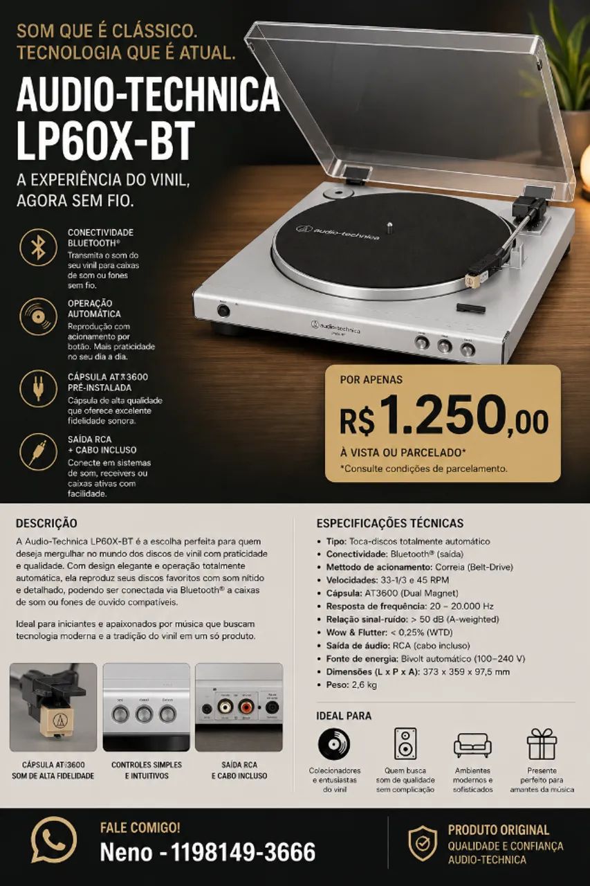 Toca Discos Audio-Technica LP60X-Bluetooth