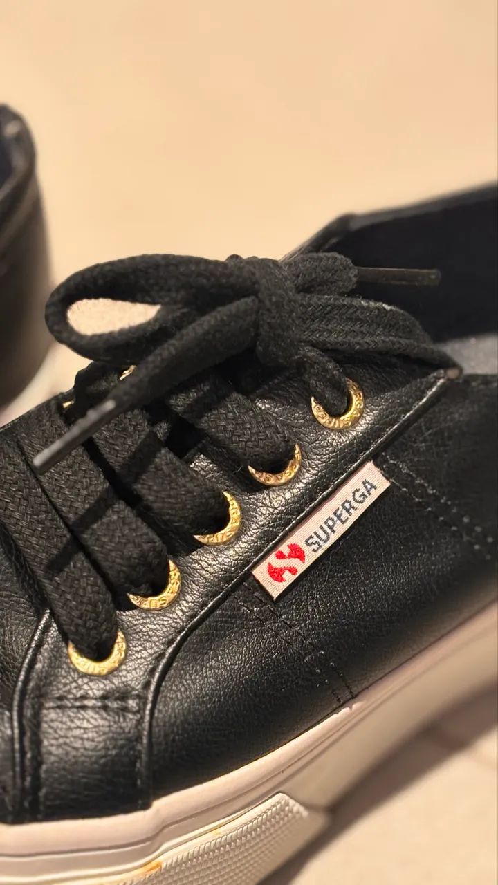 Superga Preto Couro sola Alta