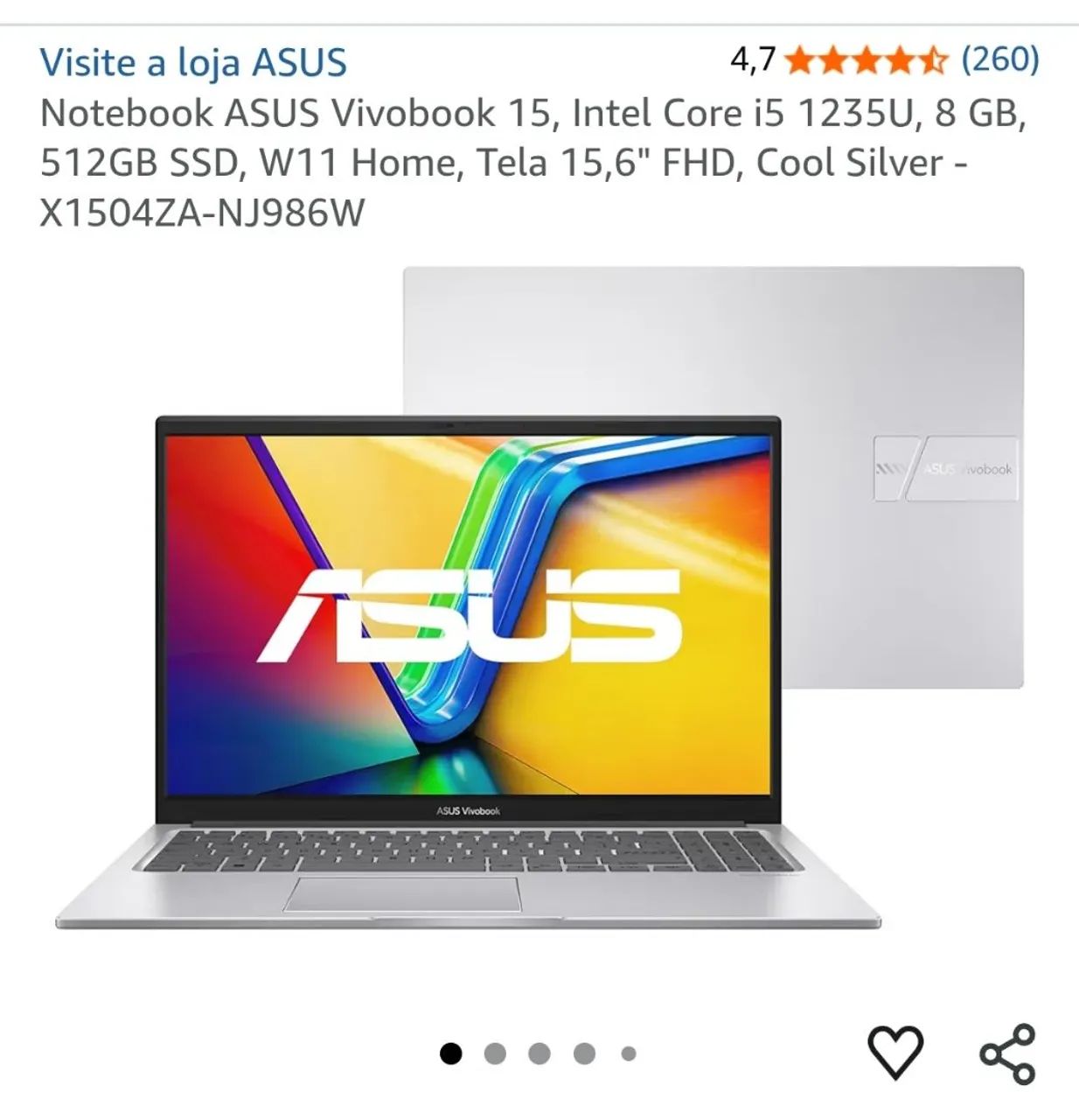Notebook Asus vivobook 15 i5 de 12° geração 