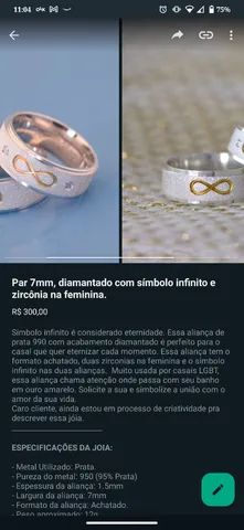 Par de alianças 7mm, diamantadas com símbolo infinito banhado a ouro amarelo - Prata 990 - Foto 2