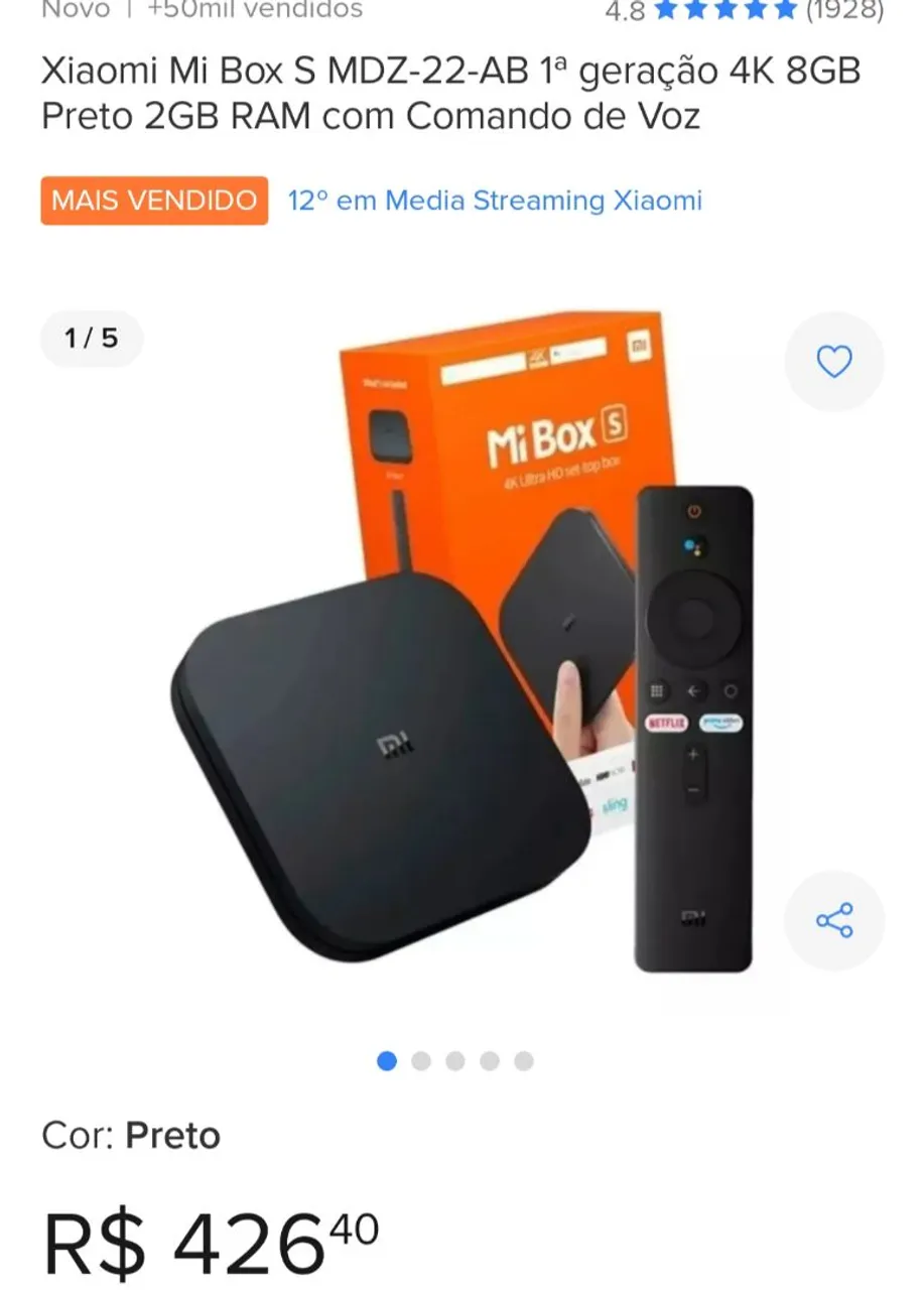 Xiaomi Mi Box S MDZ-22-AB 4K 8GB 2GB RAM com Comando de Voz