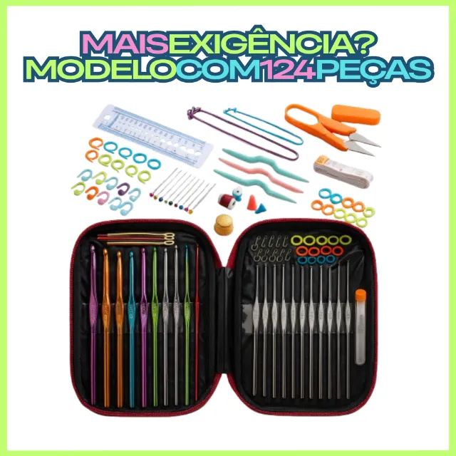 Kit Completo 124 Peças de Agulhas Coloridas para Crochê, Tricô e