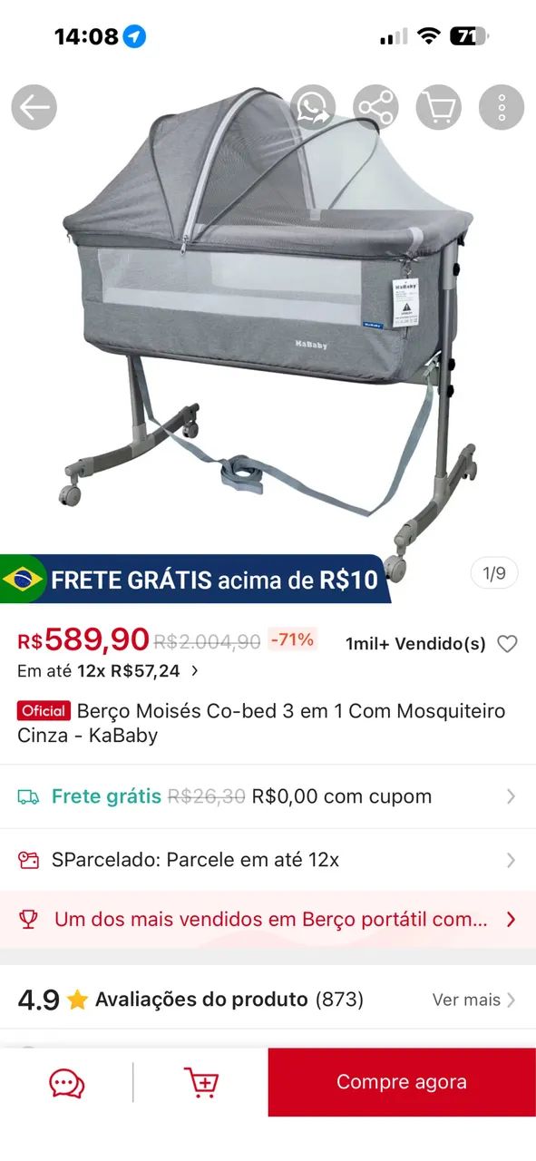 Descrição O Berço Moisés Co-Bed com Mosquiteiro da Kababy - Foto 5