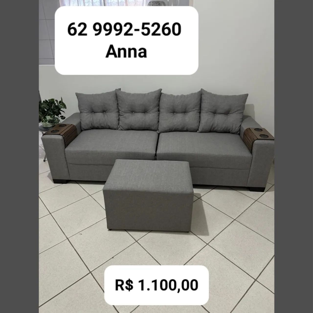 Sofá 4 Lugares Cinza com Puff - Anna