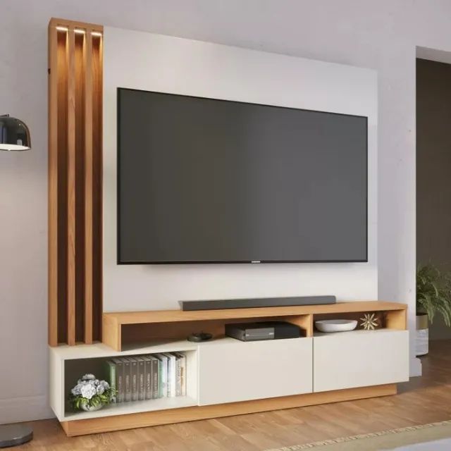 Estante Home Médio Para Tv De Até 65 Polegadas Com Led Ripado Na Madeira Freijó/Off White 