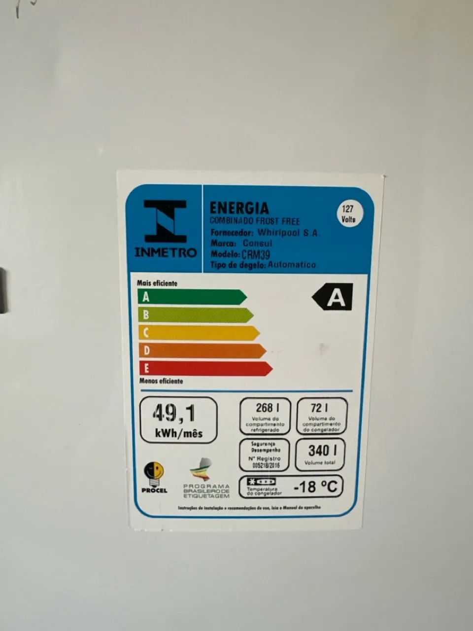 Geladeira Consul CRM39 Frost Free 340L - Eficiência A