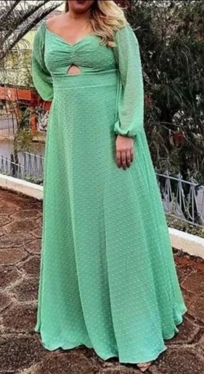 Vestido Longo Verde com Detalhe em Poá