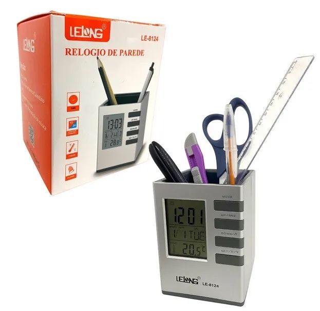 Relógio mesa Lelong LE-8124 porta caneta 