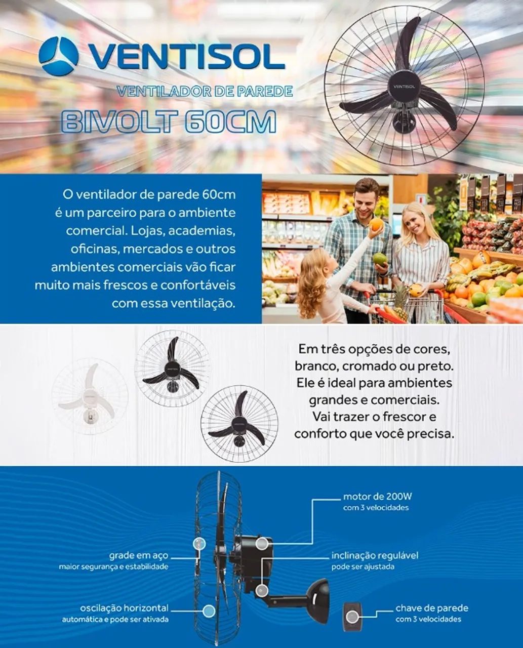 Lacrado! Ventisol Ventilador de Parede Oscilante, 3 Pás Premium, Preto, 60cm, Bivolt - Foto 2