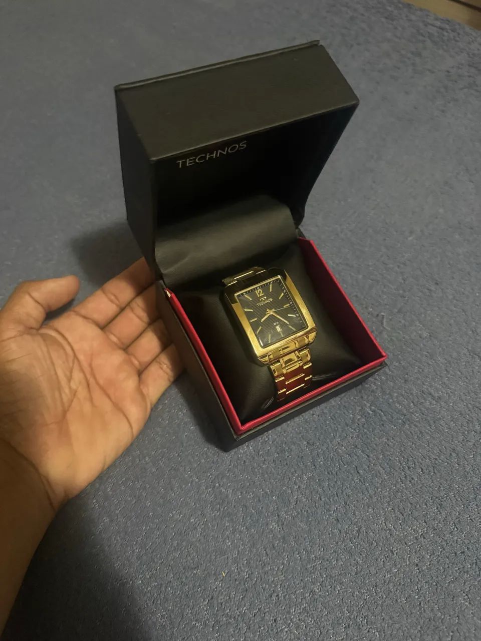 Relógio Technos Masculino Dourado Quadrado Original 